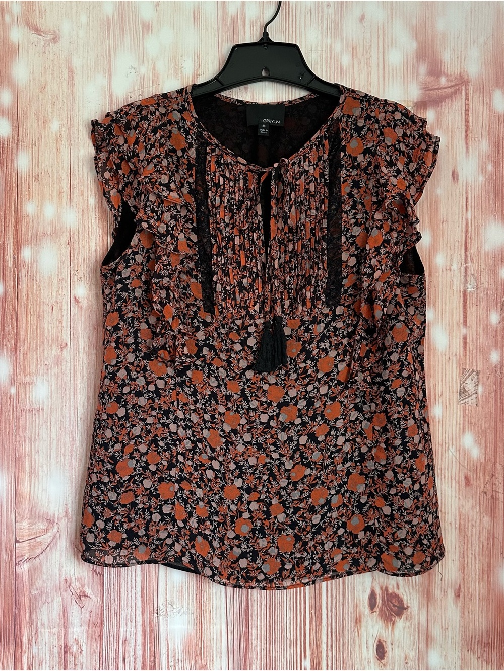 Greylin Orange Fall Floral Black Tassel Tie Ruffle Sleeve Boho Blouse Size M